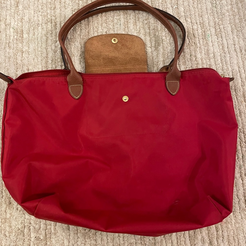 Longchamp Red Tote Bag with Brown Accents